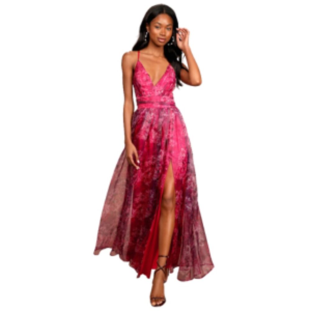 Lulus Romance That Wows Magenta Floral Print Organza Maxi Dress – Size M (NWT)